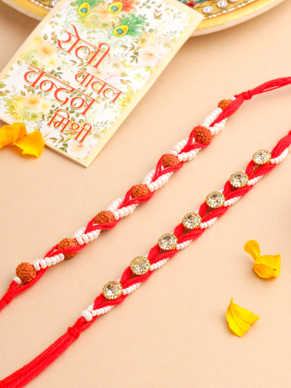 NVR Men Set of 2 Red Artificial Stones & Rudraksh Thread Rakhi with Roli Chawal Chandan & Mishri