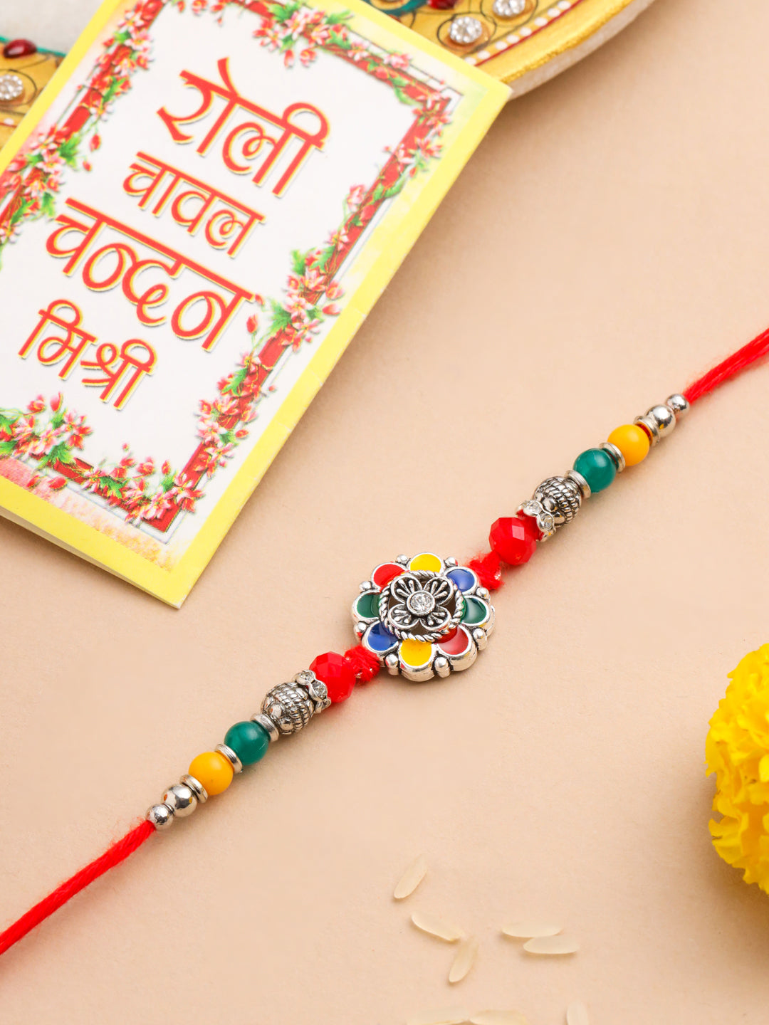 NVR Men Multicolor Artificial Stones & Beads Floral Design Thread Rakhi with Roli Chawal Chandan & Mishri - Distacart