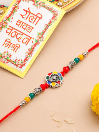 NVR Men Multicolor Artificial Stones & Beads Floral Design Thread Rakhi with Roli Chawal Chandan & Mishri - Distacart