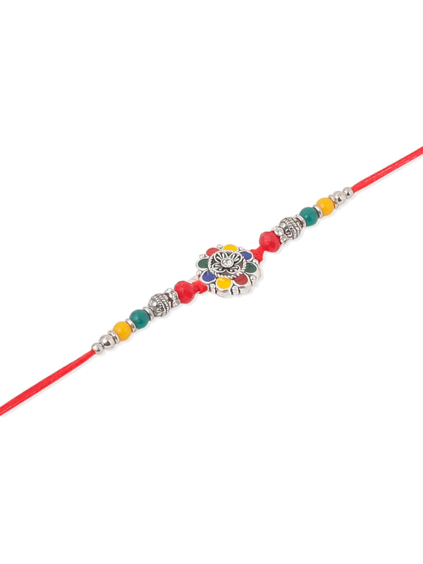 NVR Men Multicolor Artificial Stones & Beads Floral Design Thread Rakhi with Roli Chawal Chandan & Mishri - Distacart