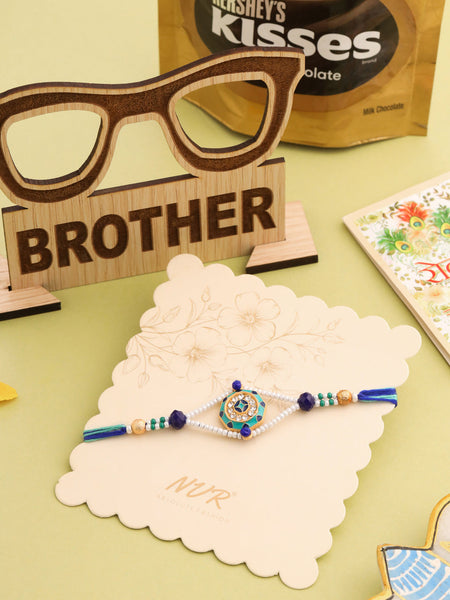 NVR Men Blue Artificial Stones & Beads Floral Design Thread Rakhi Combo