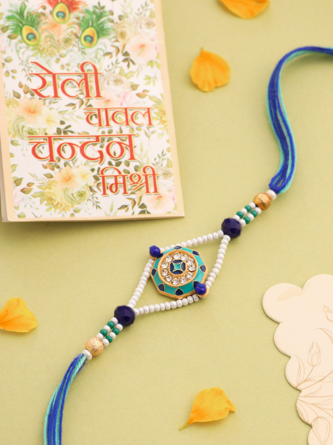 NVR Men Blue Artificial Stones & Beads Floral Design Thread Rakhi with Roli Chawal Chandan & Mishri - Distacart