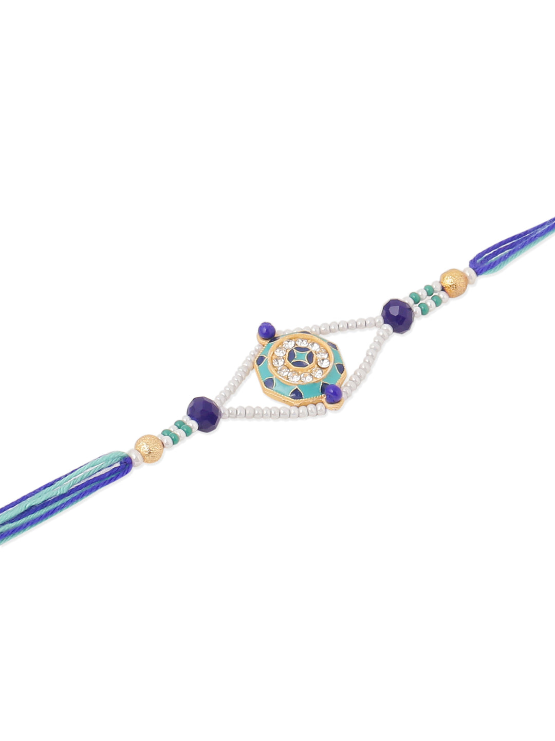 NVR Men Blue Artificial Stones & Beads Floral Design Thread Rakhi with Roli Chawal Chandan & Mishri - Distacart