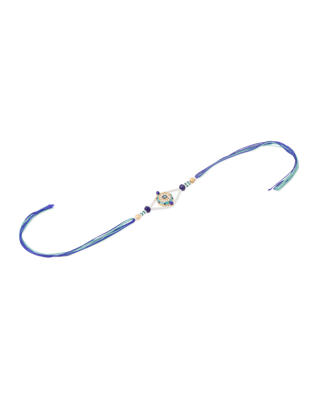 NVR Men Blue Artificial Stones & Beads Floral Design Thread Rakhi with Roli Chawal Chandan & Mishri