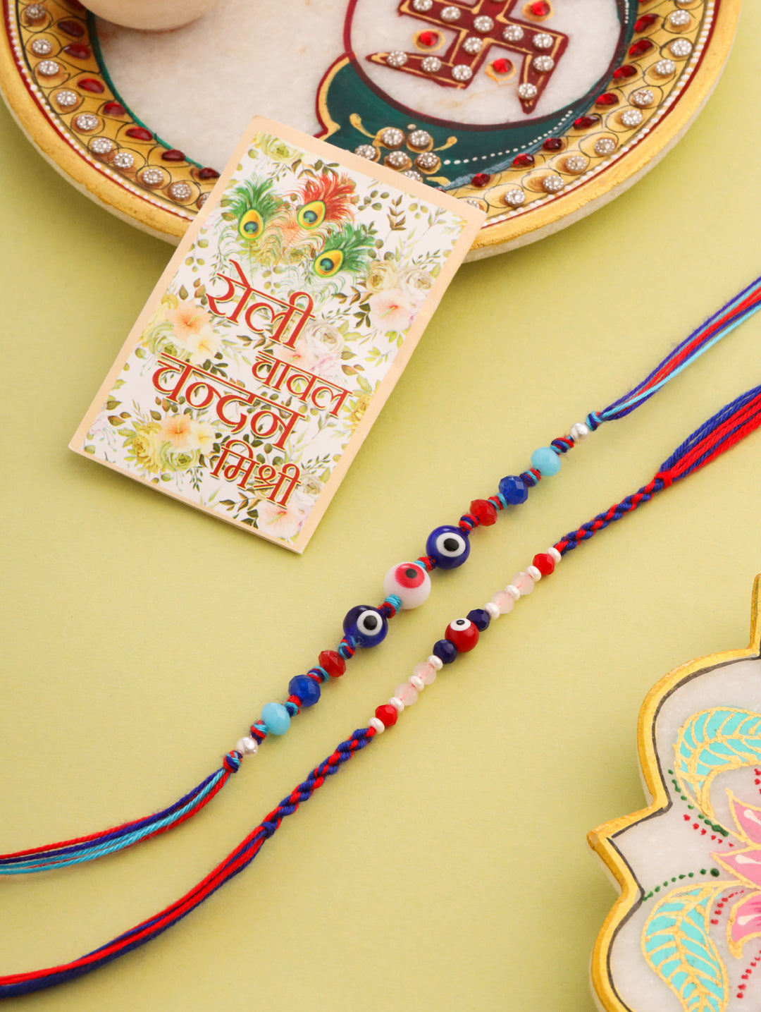 NVR Men Multicolor Evil Eye Artificial Beads Thread Rakhi with Roli Chawal Chandan & Mishri - Distacart