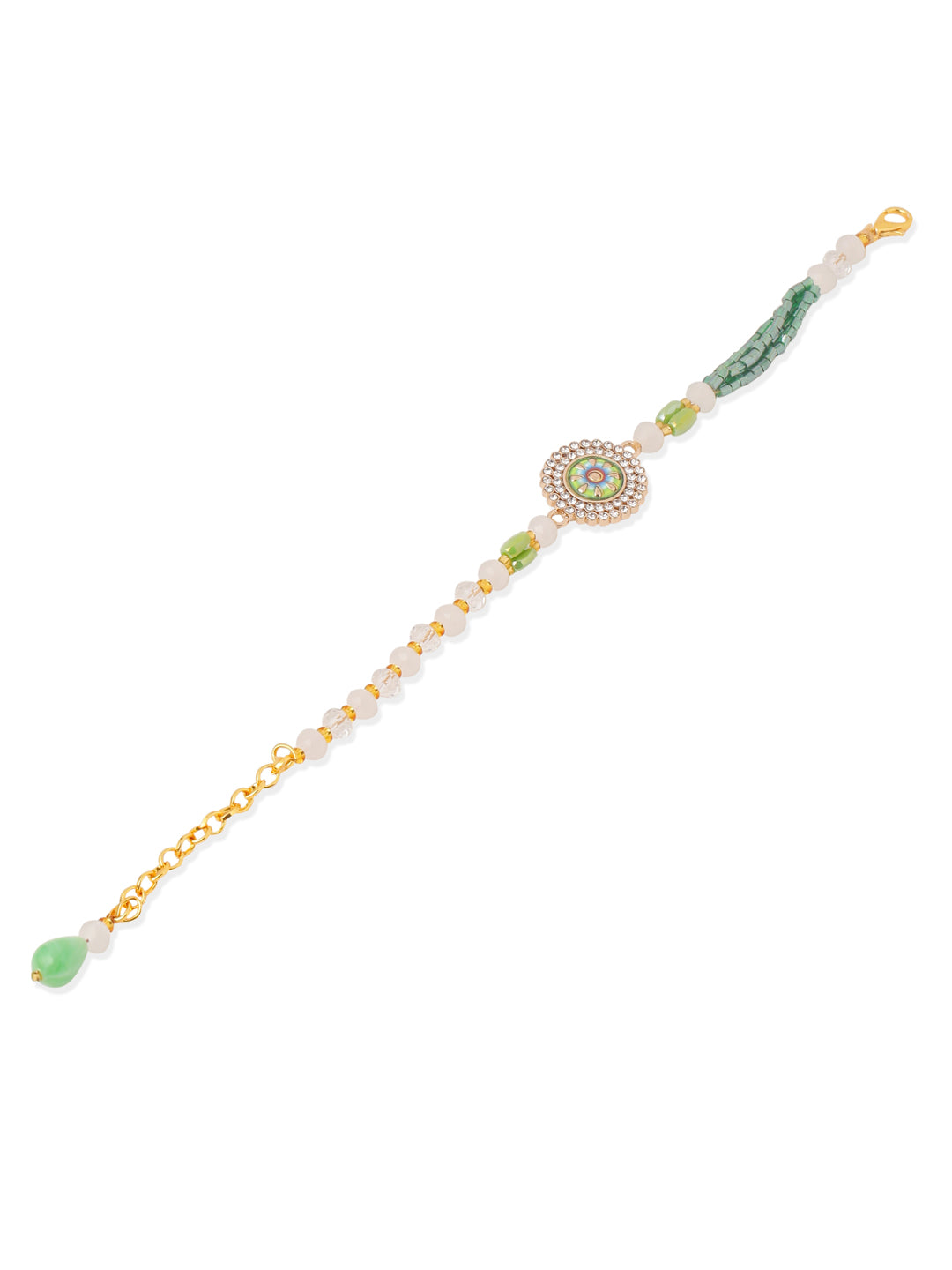 NVR Women Green Artificial Stones & Beads Floral Wraparound Rakhi with Roli Chawal Chandan & Mishri