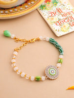 Thumbnail for NVR Women Green Artificial Stones & Beads Floral Wraparound Rakhi with Roli Chawal Chandan & Mishri