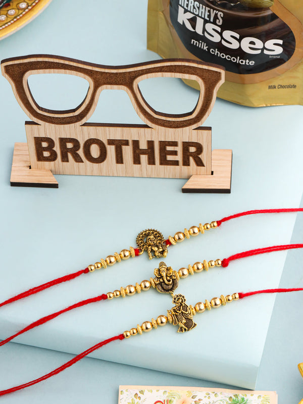 NVR Men Set of 3 Gold Toned Designer Ganesh Ji Thread Rakhi, Combo for Rakshabandhan