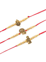 Thumbnail for NVR Men Set of 3 Gold Toned Designer Ganesh Ji Thread Rakhi with Roli Chawal Chandan & Mishri