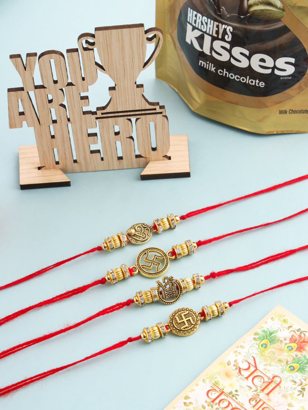 NVR Men Set of 4 Gold Toned Artificial Stones Swastik Design Thread Rakhi Combo - Distacart