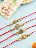 Thumbnail for NVR Men Set of 4 Gold Toned Artificial Stones Swastik Design Thread Rakhi with Roli Chawal Chandan & Mishri