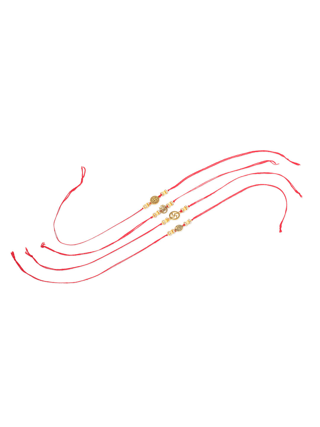 NVR Men Set of 4 Gold Toned Artificial Stones Swastik Design Thread Rakhi with Roli Chawal Chandan & Mishri