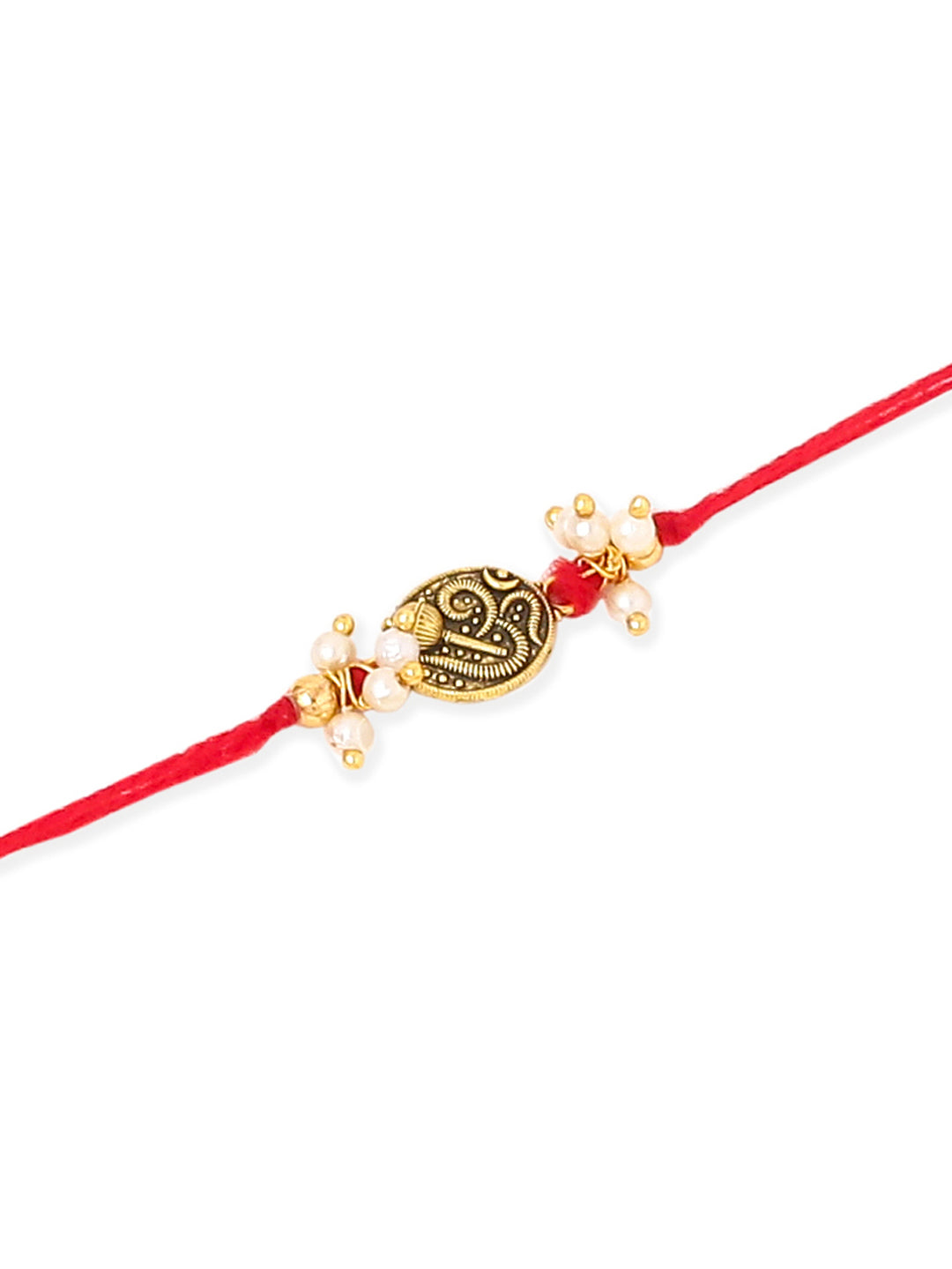 NVR Men Set of 2 Gold Toned Pearls Swastik Desgin Thread Rakhi with Roli Chawal Chandan & Mishri