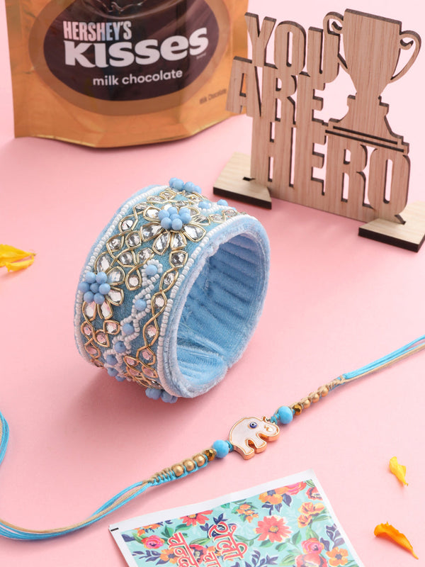 NVR Set of 2 Blue Artificial Stones & Beads Floral Bhaiya Bhabhi Rakhi Combo