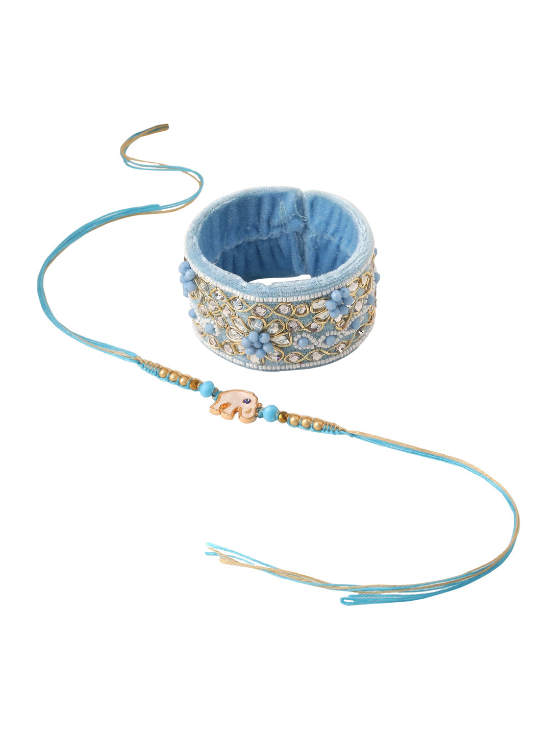 NVR Set of 2 Blue Artificial Stones & Beads Floral Bhaiya Bhabhi Rakhi Combo