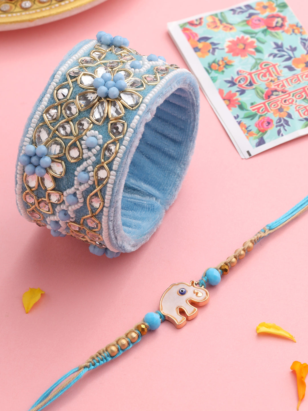 NVR Set of 2 Blue Artificial Stones & Beads Floral Bhaiya Bhabhi Rakhi with Roli Chawal Chandan & Mishri - Distacart