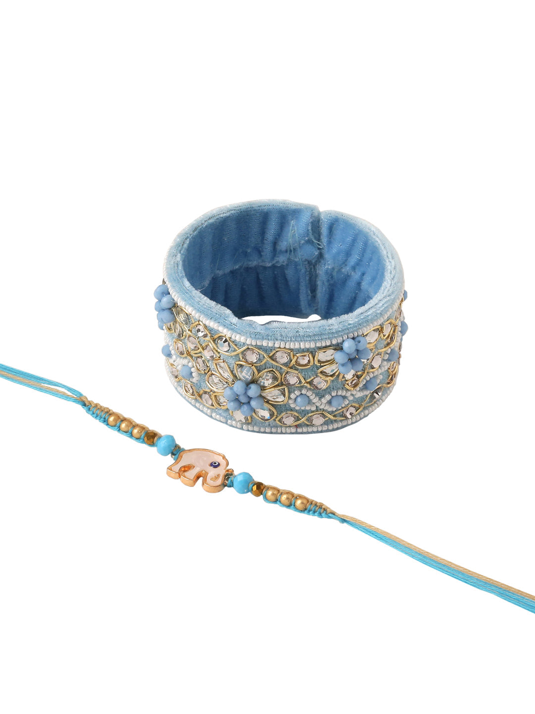 NVR Set of 2 Blue Artificial Stones & Beads Floral Bhaiya Bhabhi Rakhi with Roli Chawal Chandan & Mishri - Distacart