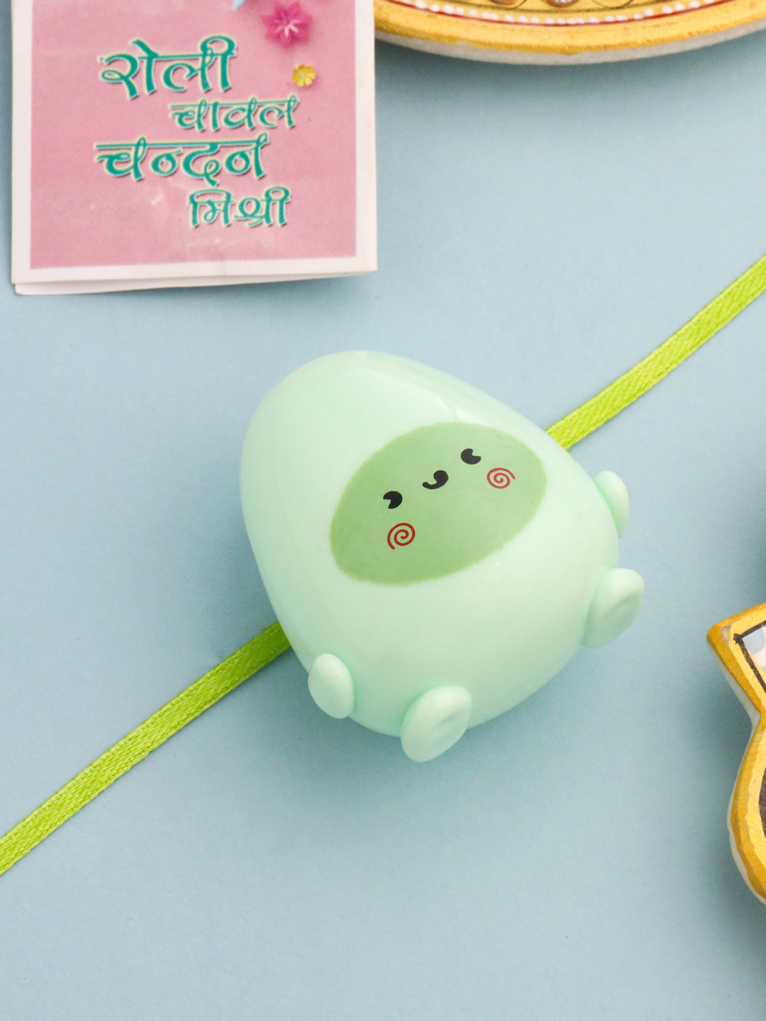 NVR Kids Handmade Green Thread Rakhi with Roli Chawal Chandan & Mishri