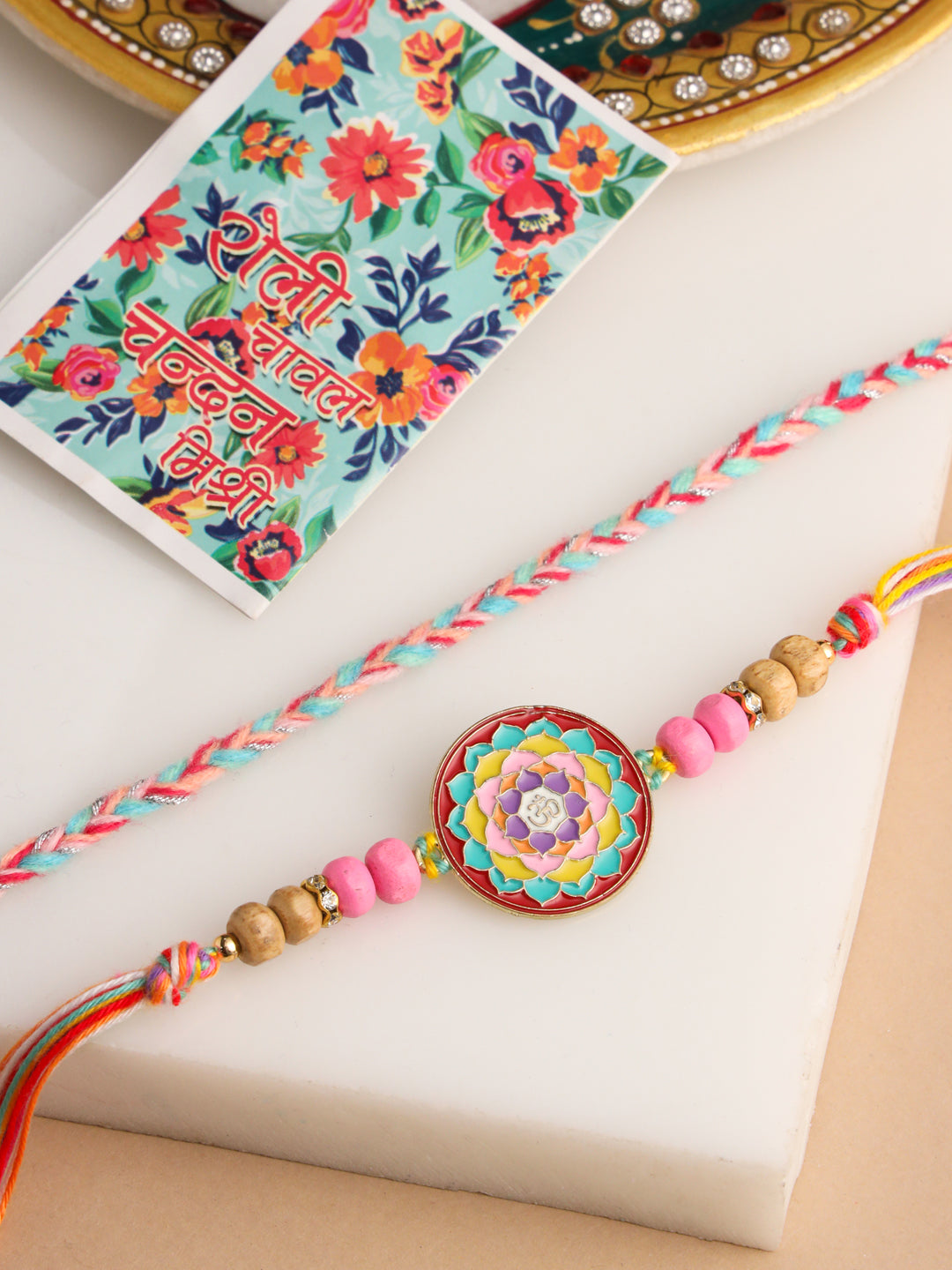 NVR Men Set of 2 Multicolor Artificial Stones & Beads Thread Rakhi with Roli Chawal Chandan & Mishri - Distacart