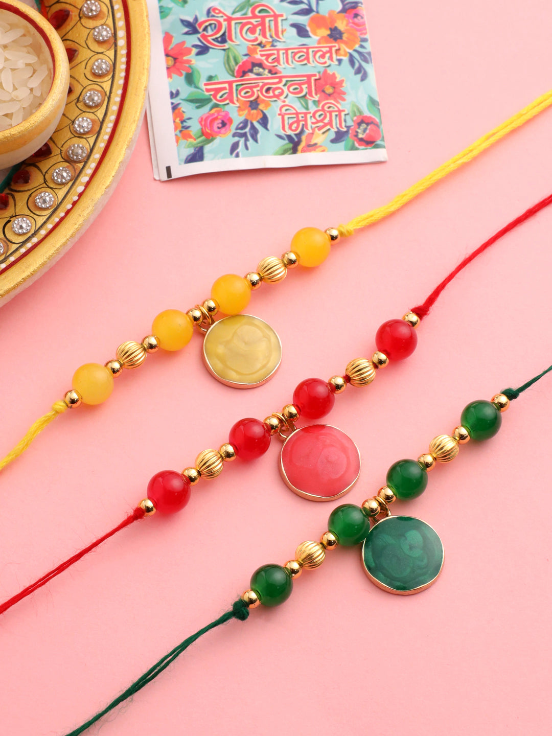 NVR Men Set of 3 Multicolor Artificial Beads Thread Rakhi with Roli Chawal Chandan & Mishri - Distacart