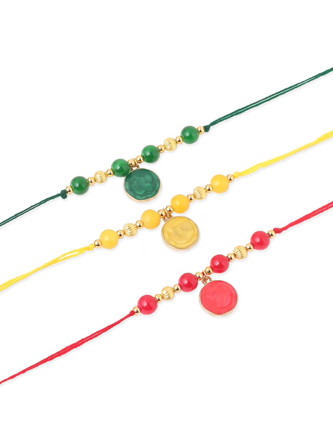 NVR Men Set of 3 Multicolor Artificial Beads Thread Rakhi with Roli Chawal Chandan & Mishri