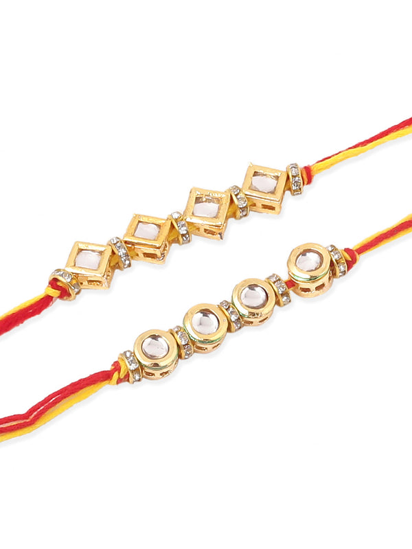 NVR Men Set of 2 Multicolor Kundan Studded Thread Rakhi with Roli Chawal Chandan & Mishri