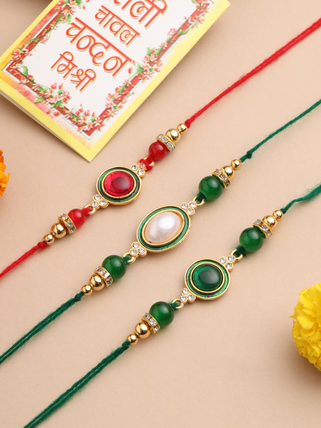 NVR Men Set of 3 Multicolor Artificial Beads & Pearls Thread Rakhi with Roli Chawal Chandan & Mishri - Distacart