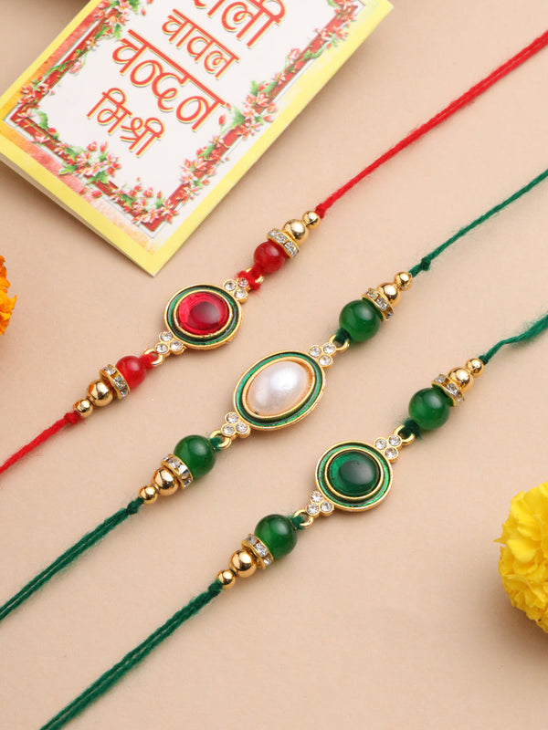 NVR Men Set of 3 Multicolor Artificial Beads & Pearls Thread Rakhi with Roli Chawal Chandan & Mishri