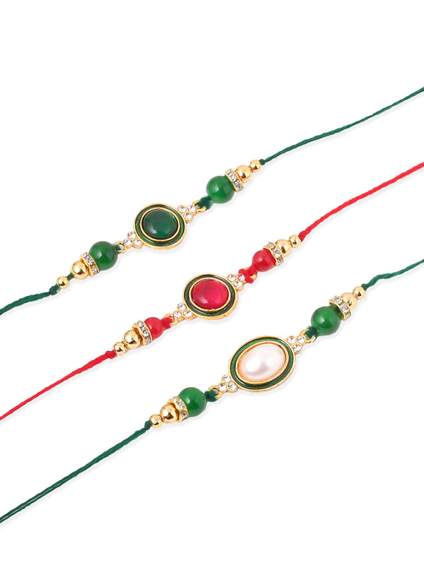 NVR Men Set of 3 Multicolor Artificial Beads & Pearls Thread Rakhi with Roli Chawal Chandan & Mishri