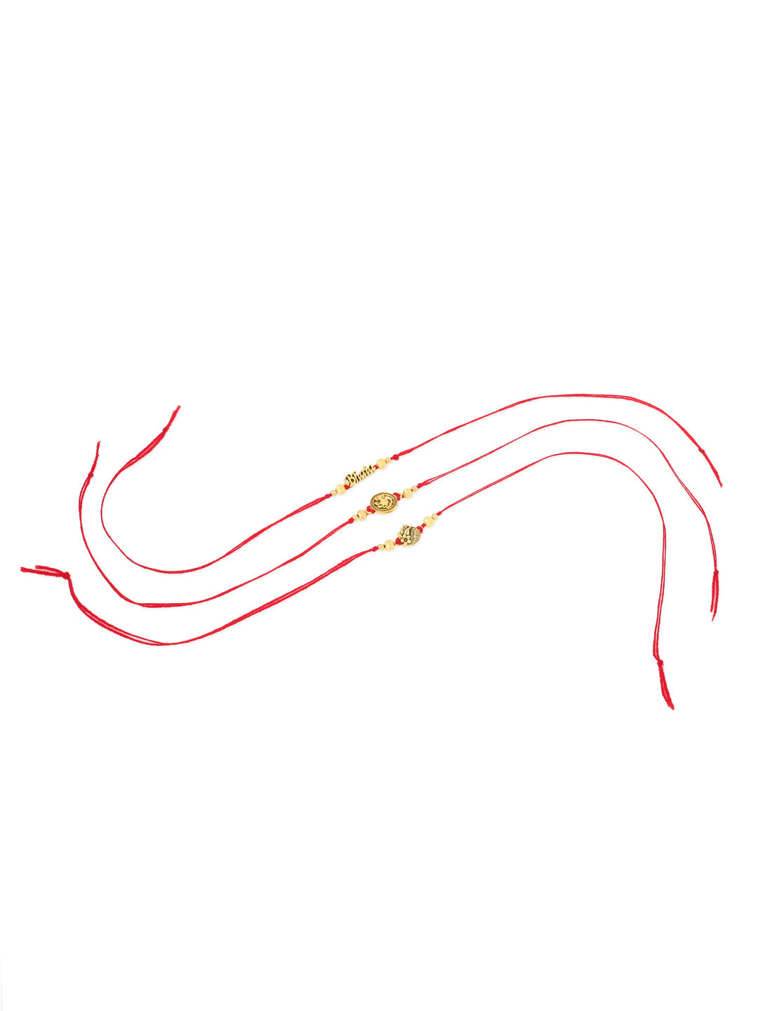 NVR Men Set of 3 Gold Toned Thread Rakhi with Roli Chawal Chandan & Mishri