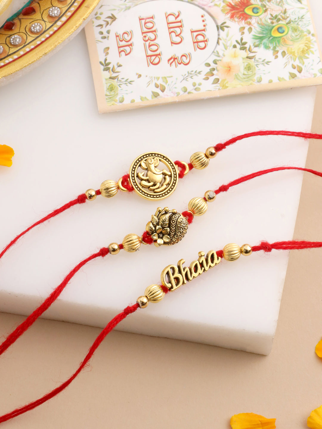 NVR Men Set of 3 Gold Toned Thread Rakhi with Roli Chawal Chandan & Mishri
