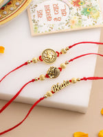 Thumbnail for NVR Men Set of 3 Gold Toned Thread Rakhi with Roli Chawal Chandan & Mishri
