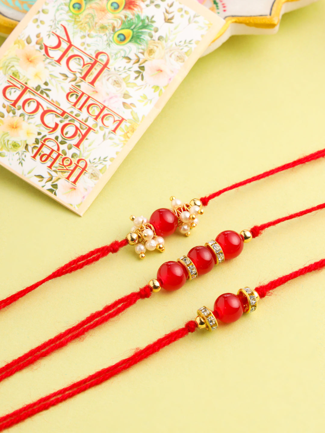 NVR Men Set of 3 Red Artificial Beads & Pearls Thread Rakhi with Roli Chawal Chandan & Mishri - Distacart