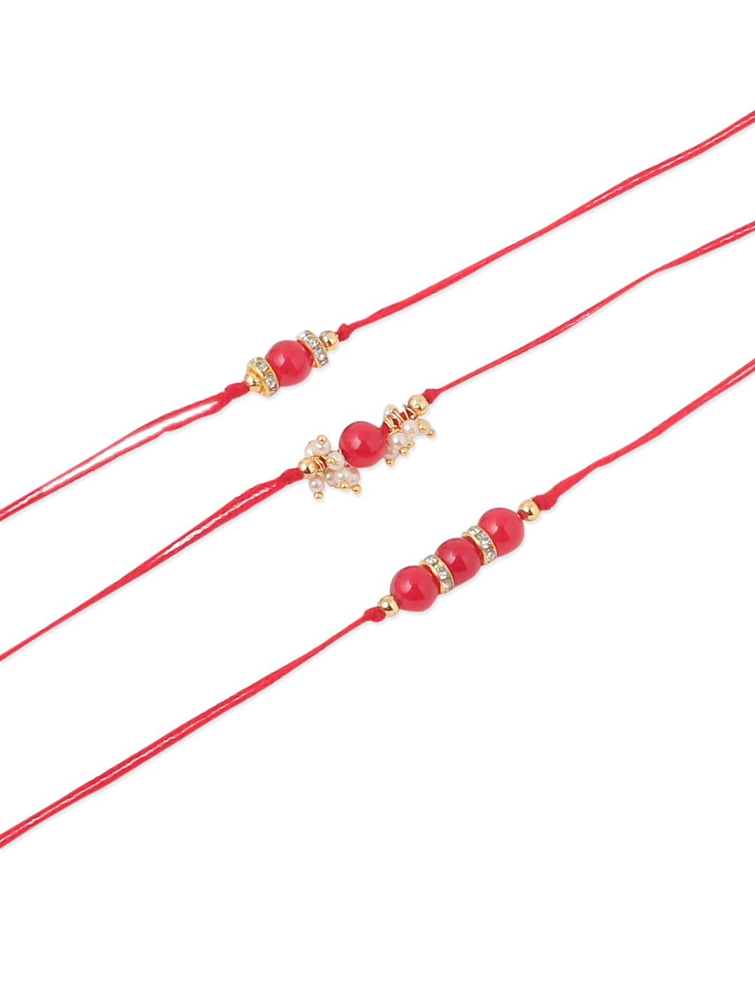 NVR Men Set of 3 Red Artificial Beads & Pearls Thread Rakhi with Roli Chawal Chandan & Mishri
