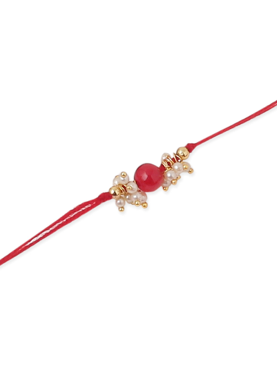 NVR Men Set of 3 Red Artificial Beads & Pearls Thread Rakhi with Roli Chawal Chandan & Mishri