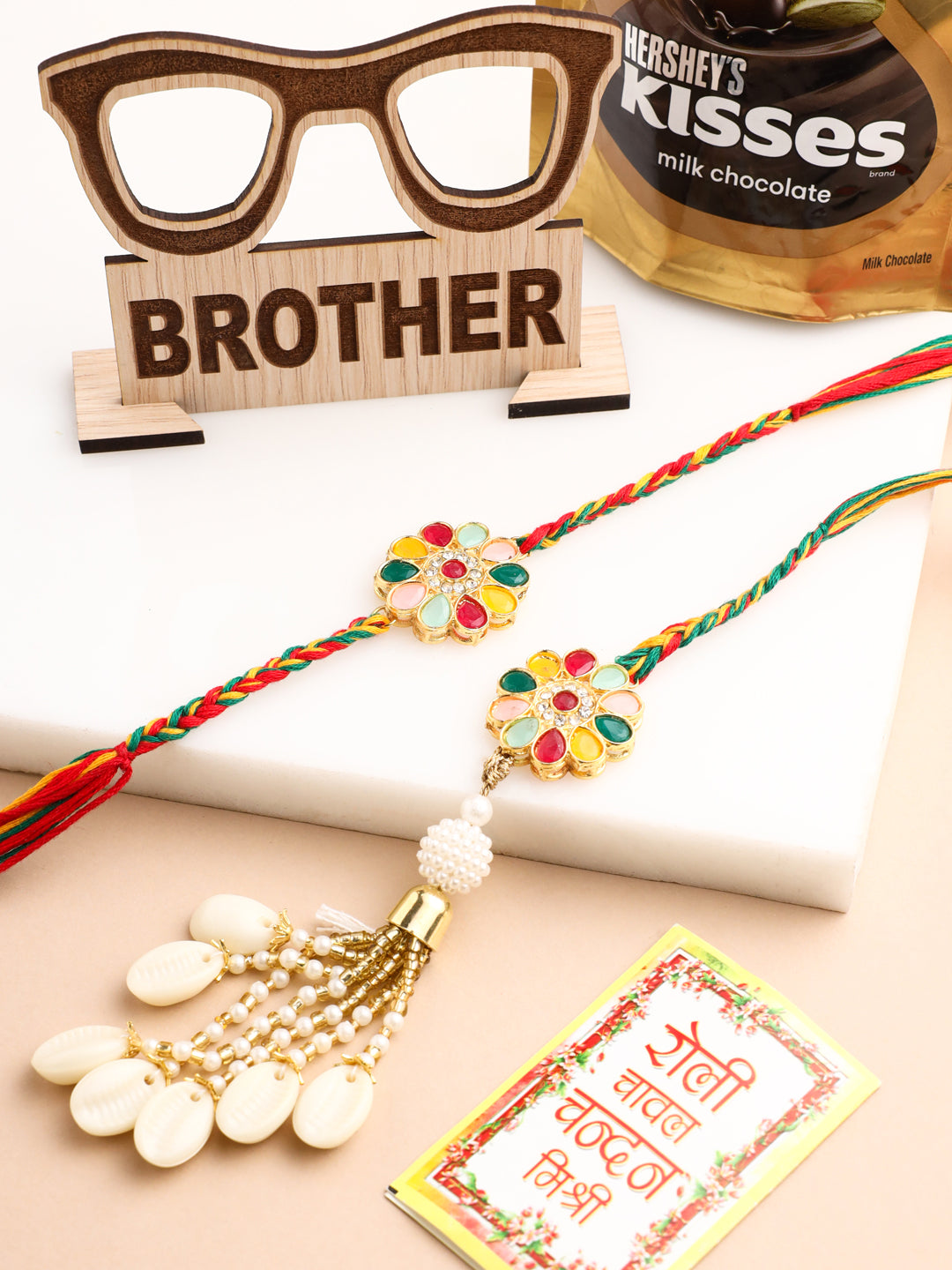 NVR Set of 2 Artificial Beads & Sea Shell Floral Design Bhaiya Bhabhi Rakhi Combo - Distacart