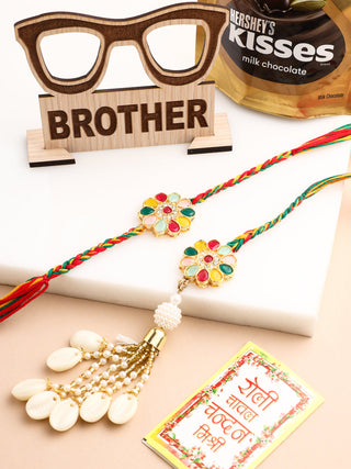 NVR Set of 2 Artificial Beads & Sea Shell Floral Design Bhaiya Bhabhi Rakhi Combo