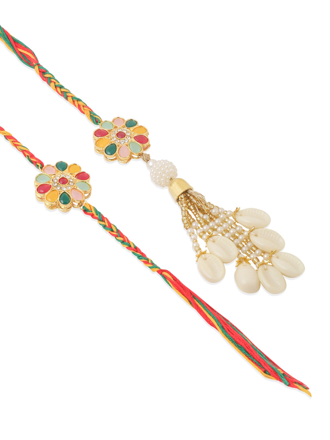NVR Set of 2 Artificial Beads & Sea Shell Floral Design Bhaiya Bhabhi Rakhi with Roli Chawal Chandan & Mishri - Distacart