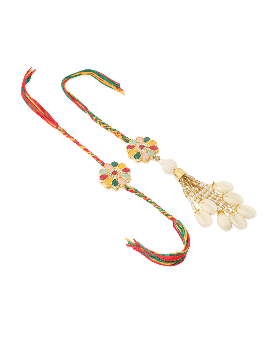 NVR Set of 2 Artificial Beads & Sea Shell Floral Design Bhaiya Bhabhi Rakhi with Roli Chawal Chandan & Mishri