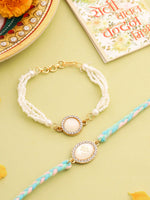 Thumbnail for NVR Set of 2 White Pearls & Artificial Beads Bhaiya Bhabhi Rakhi with Roli Chawal Chandan & Mishri