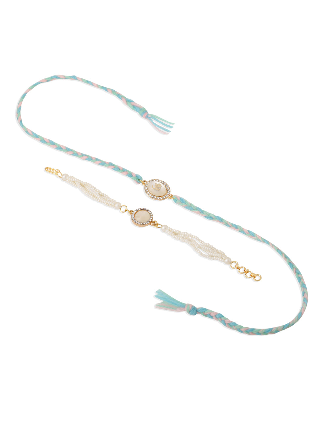 NVR Set of 2 White Pearls & Artificial Beads Bhaiya Bhabhi Rakhi with Roli Chawal Chandan & Mishri