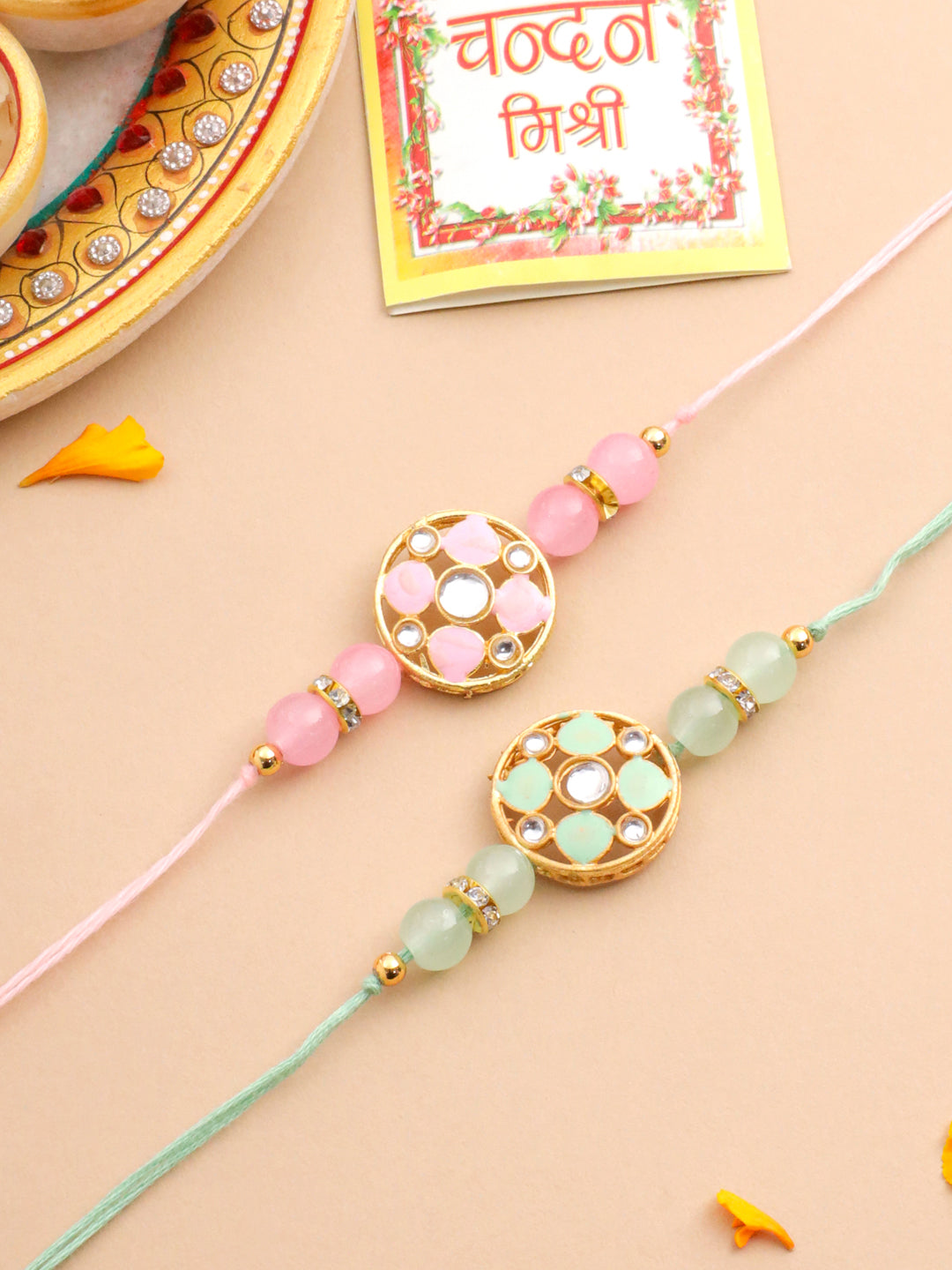 NVR Men Set of 2 Artificial Stones & Beads Floral Design Thread Rakhi with Roli Chawal Chandan & Mishri
