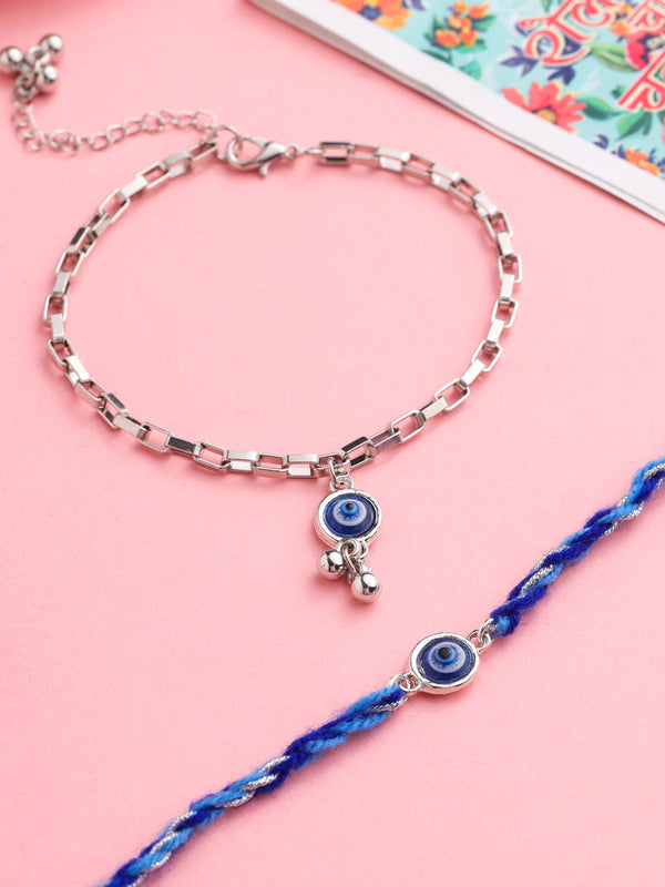 NVR Set of 2 Blue Evil Eye Bhaiya Bhabhi Rakhi with Roli Chawal Chandan & Mishri