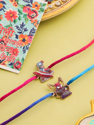 NVR Kids Set of 2 Cartoon Character Purple & Red Thread Rakhi with Roli Chawal Chandan & Mishri