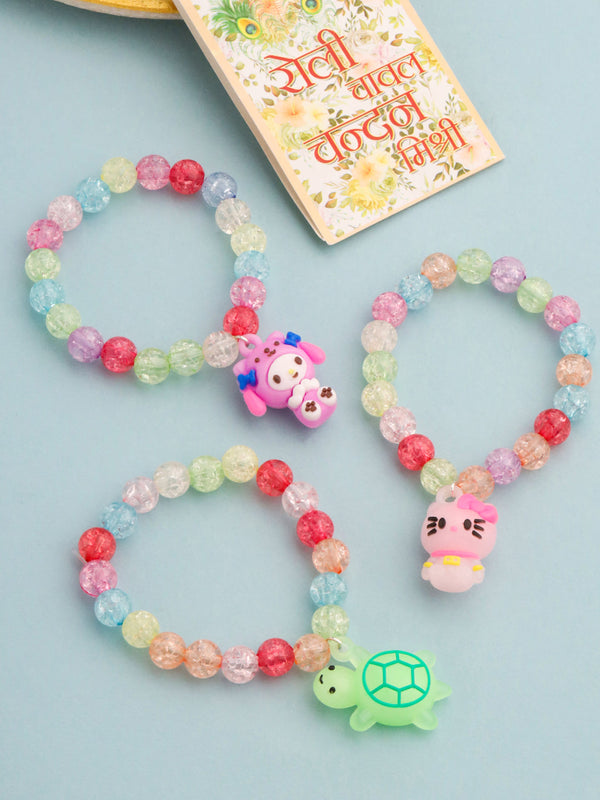 NVR Kids Set of 3 Cartoon Design Artificial Beads Thread Rakhi with Roli Chawal Chandan & Mishri