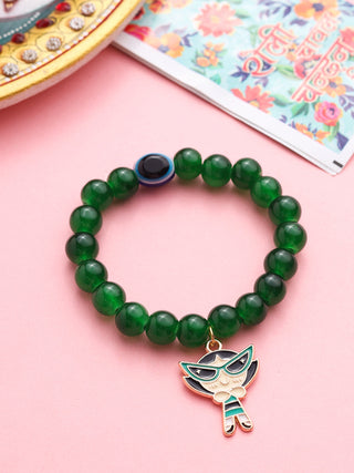 NVR Kids Cartoon Design Green Artificial Beads Thread Rakhi with Roli Chawal Chandan & Mishri