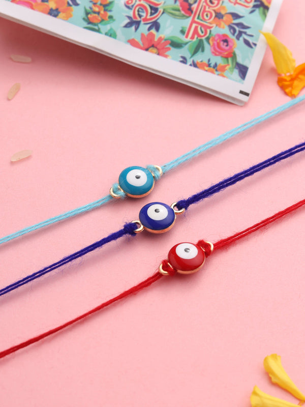 NVR Set of 3 Multicolor Evil Eye Men's Thread Rakhi with Roli Chawal Chandan & Mishri