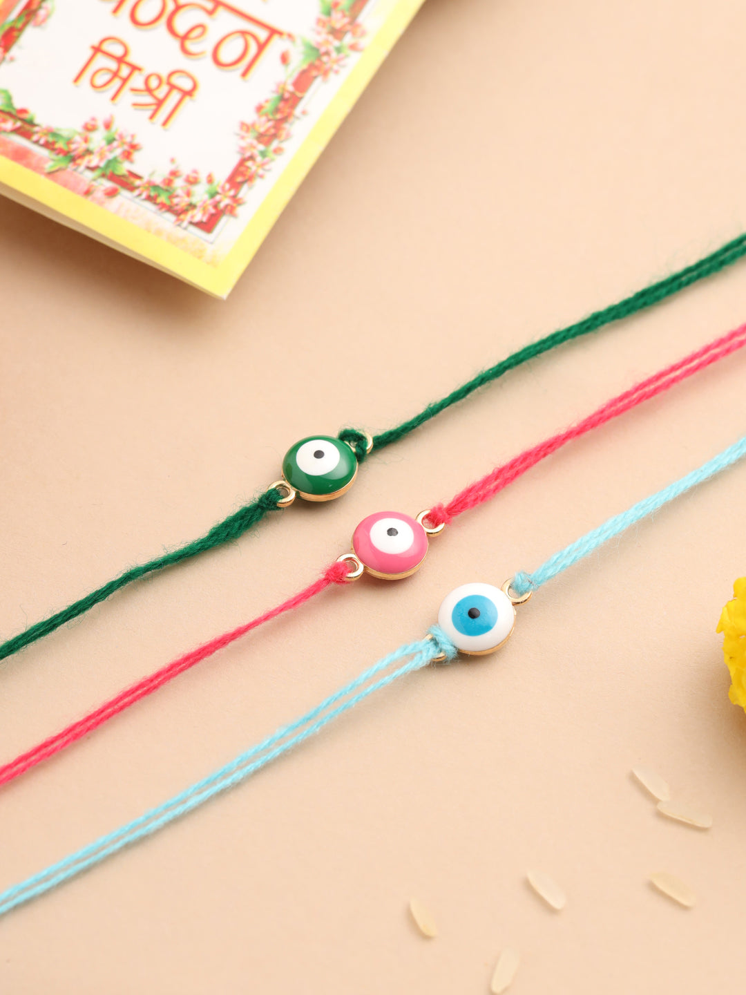NVR Men's Set of 3 Multicolor Evil Eye Thread Rakhi with Roli Chawal Chandan & Mishri - Distacart