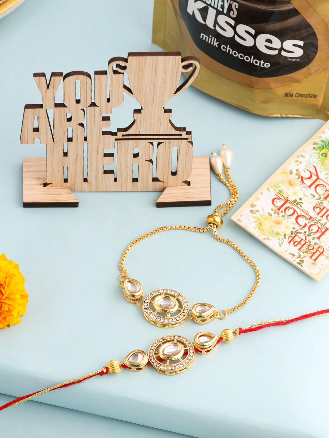 NVR Set of 2 Gold Toned Kundan Studded Bhaiya Bhabhi Rakhi Set, Combo for Rakshabandhan - Distacart