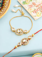 Thumbnail for NVR Set of 2 Gold Toned Kundan Studded Bhaiya Bhabhi Rakhi with Roli Chawal Chandan & Mishri